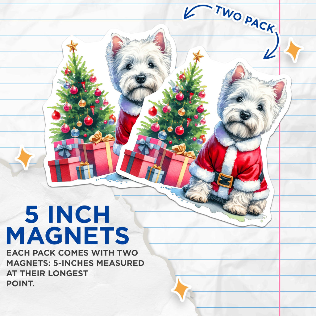 (2 Pack) Westie Christmas Dog Magnets - Santa Puppy Refrigerator Decor - Holiday Pet Lover Accessories - 5 Inches On Longest Side - Thick Durable Magnet - Made in USA - MAG28221