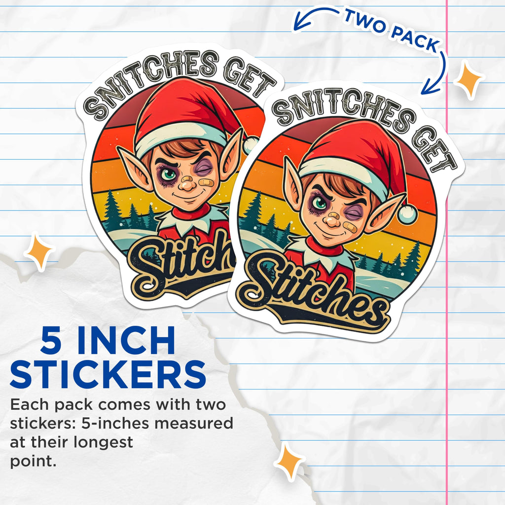Bliss Monkey Co. (2 Pack) Snitches Get Stitches Stickers - Funny Elf Stickers - Christmas Humor - Red Vinyl Stickers - 5" - Metal, Plastic, Glass, Window - Indoor/Outdoor