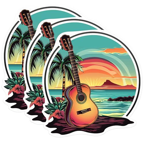 (3 Pack) Acoustic Guitar Decals - Tropical Sunset Stickers - Decak Decals - 3 Inches On Longest Side - Easy Peel & Apply - Made in USA - 3MCS1005