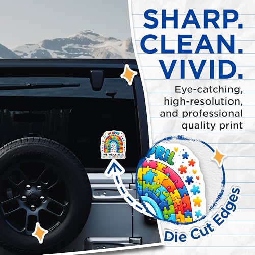 (2 Pack) Autism Awareness Stickers - Colorful Puzzle Piece Stickers - Blue We Wear Blue Stickers - 5" On Longest Side - Sticks to Any Smooth Flat Surface - Made in USA - BMCS3207