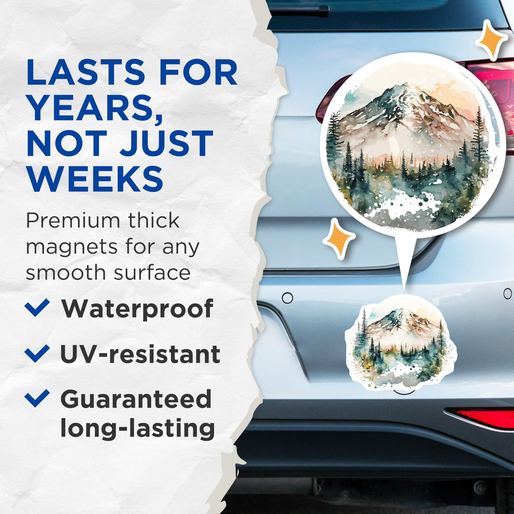 (2 Pack) Watercolor Mountain Magnets - Evergreen Forest Art - Snowy Peak Landscape - 5 Inches On Longest Side - Thick Durable Magnet - Made in USA - MAG19309