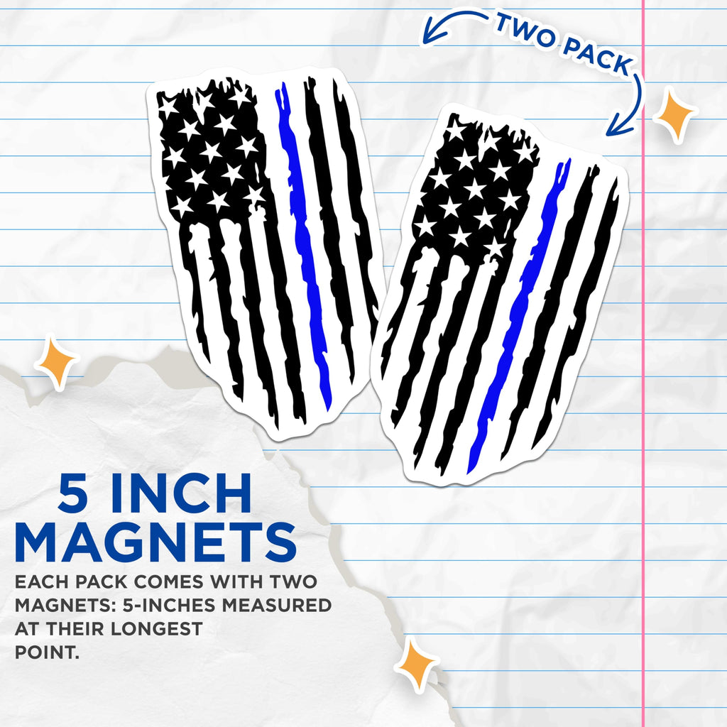 (2 Pack) Thin Blue Line Magnets - Distressed American Flag Support - Law Enforcement Tribute - 5 Inches On Longest Side - Thick Durable Magnet - Made in USA - MAG21456