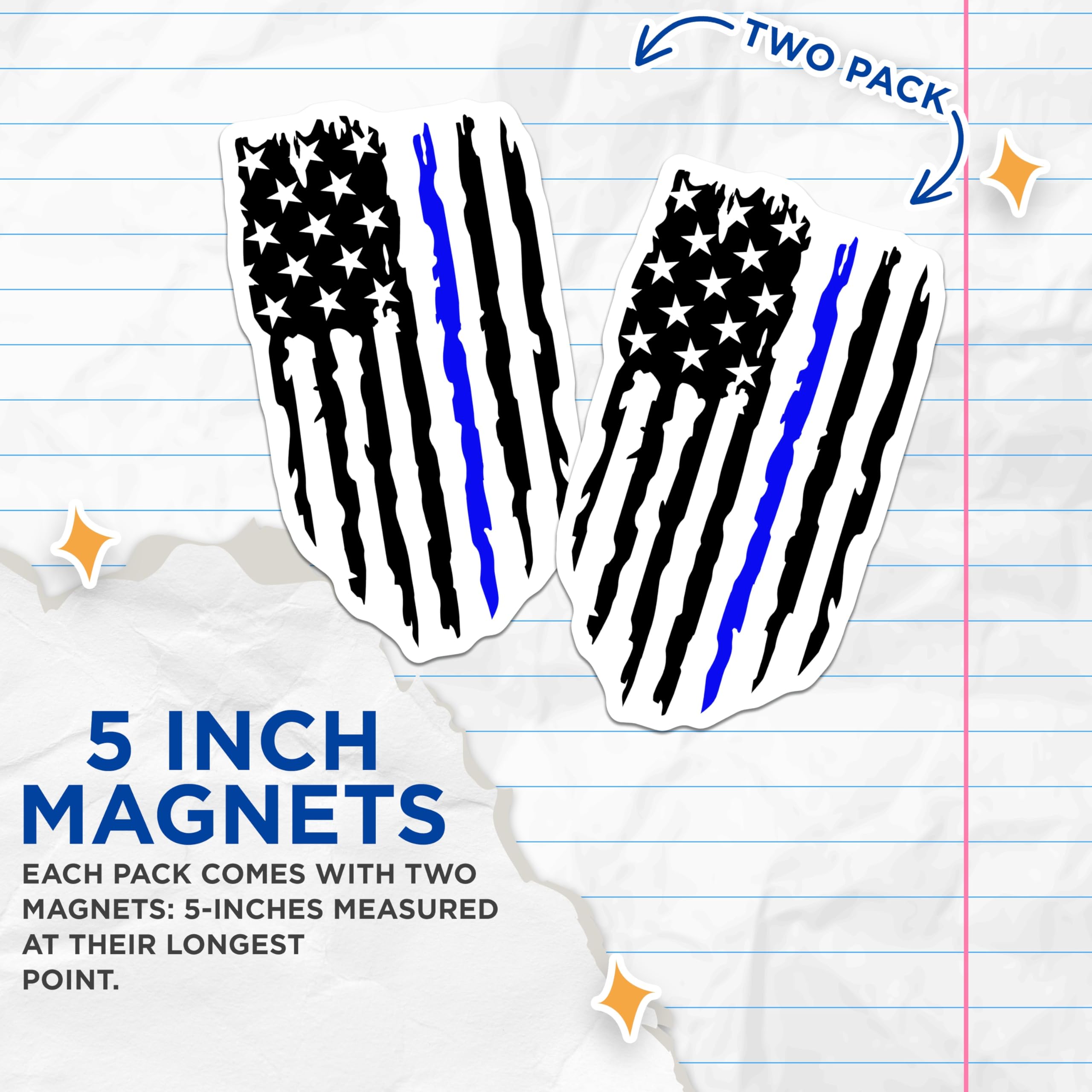 (2 Pack) Thin Blue Line Magnets - Distressed American Flag Support - Law Enforcement Tribute - 5 Inches On Longest Side - Thick Durable Magnet - Made in USA - MAG21456