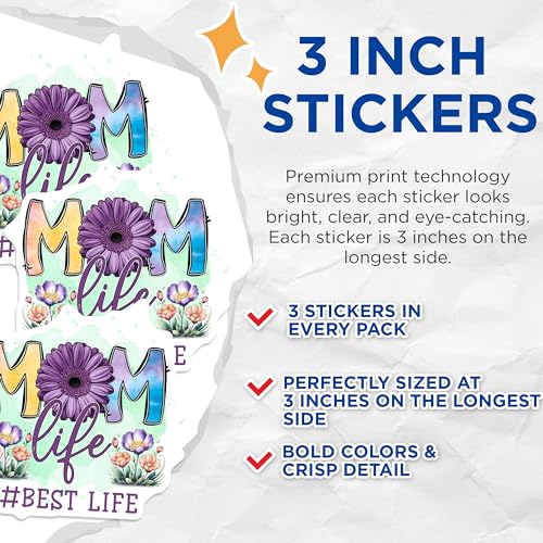 (3 Pack) Mom Life Decals - Flower Mama Decals - Best Life Sticker - 3 Inches On Longest Side - Easy Peel & Apply - Made in USA - 3MCS6476