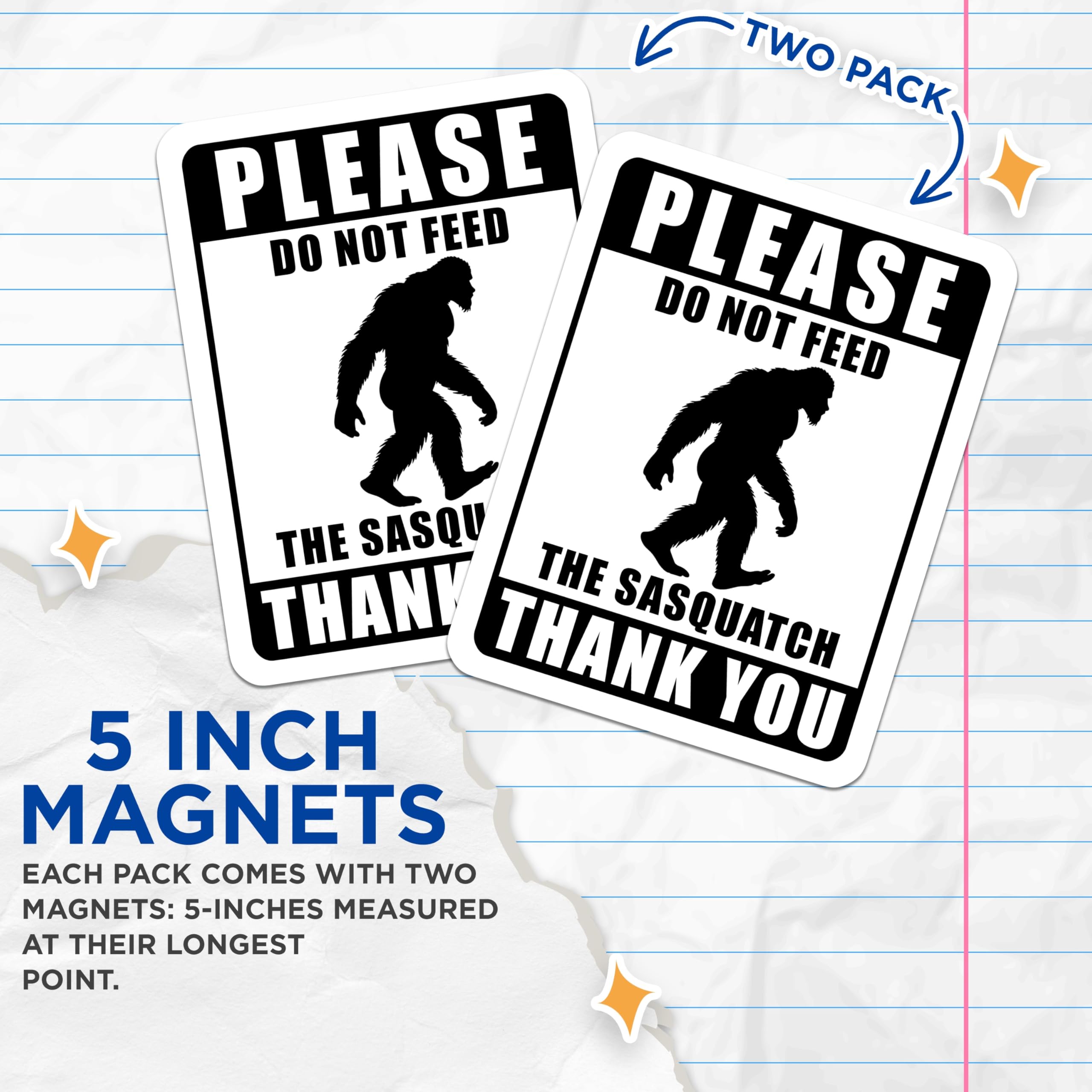 (2 Pack) Sasquatch Magnets - Funny Bigfoot Meme - Do Not Feed Sign Decor - 5" On Longest Side - Premium Magnet - for Cars, Refrigerators, Toolboxes, Lockers - Made in USA - MAG14676