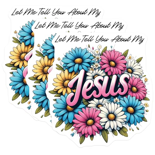 (3 Pack) Jesus Decals - Floral Stickers - Let Me Tell You About My Jesus Laptop Decal - 3 Inches On Longest Side - Easy Peel & Apply - Made in USA - 3MCS2520