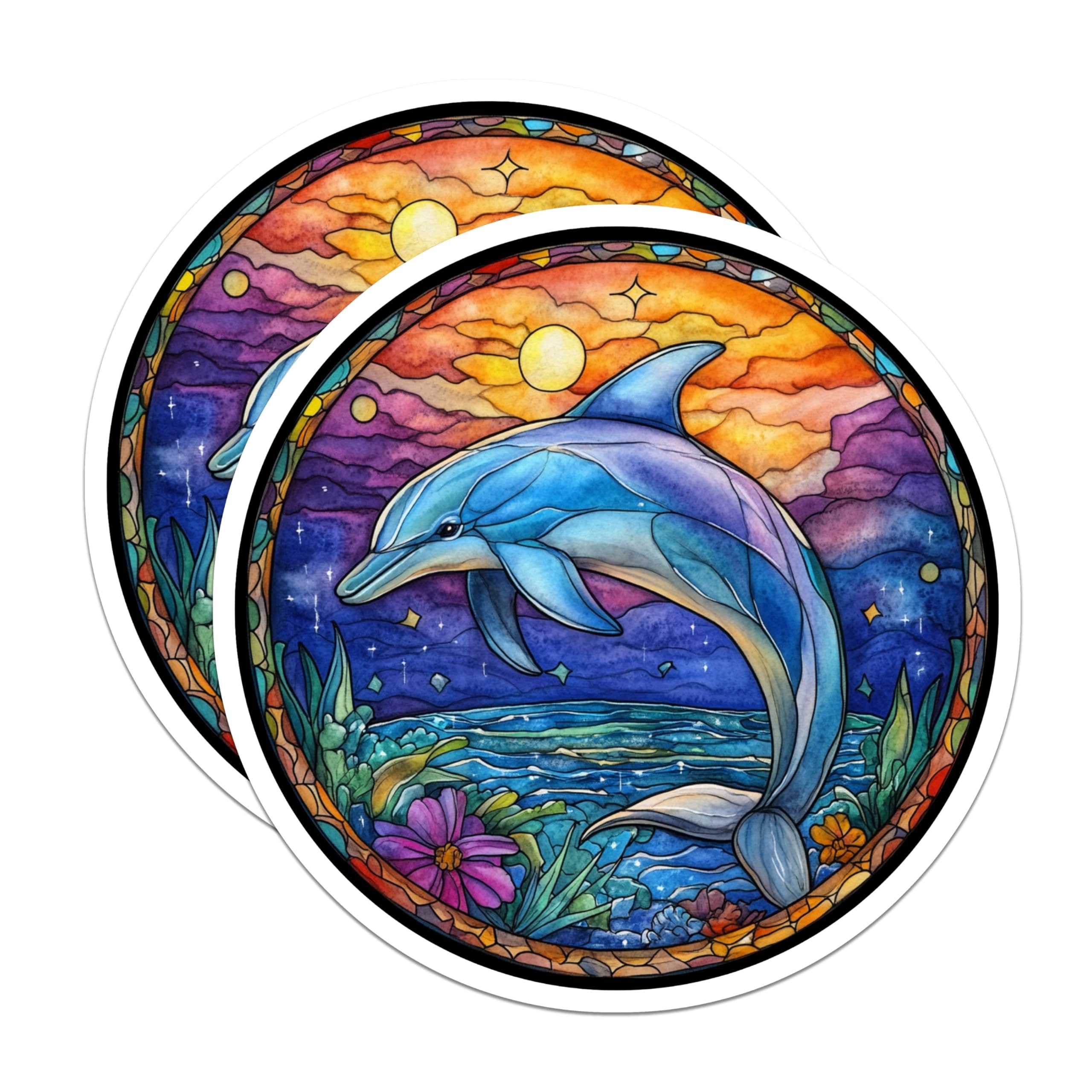 (2 Pack) Dolphin Stained Glass Magnets - Ocean Animal Decor - Sea Life Fridge Art - 5 Inches On Longest Side - Thick Durable Magnet - Made in USA - MAG25796