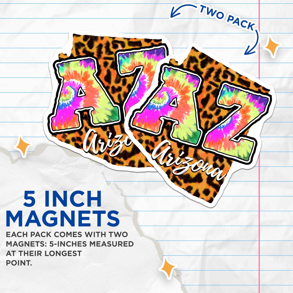 (2 Pack) Arizona Magnets - Tie Dye Design Magnets - Leopard State Magnets - 5" On Longest Side - Premium Magnet - for Cars, Refrigerators, Toolboxes, Lockers - Made in USA - MAG17786