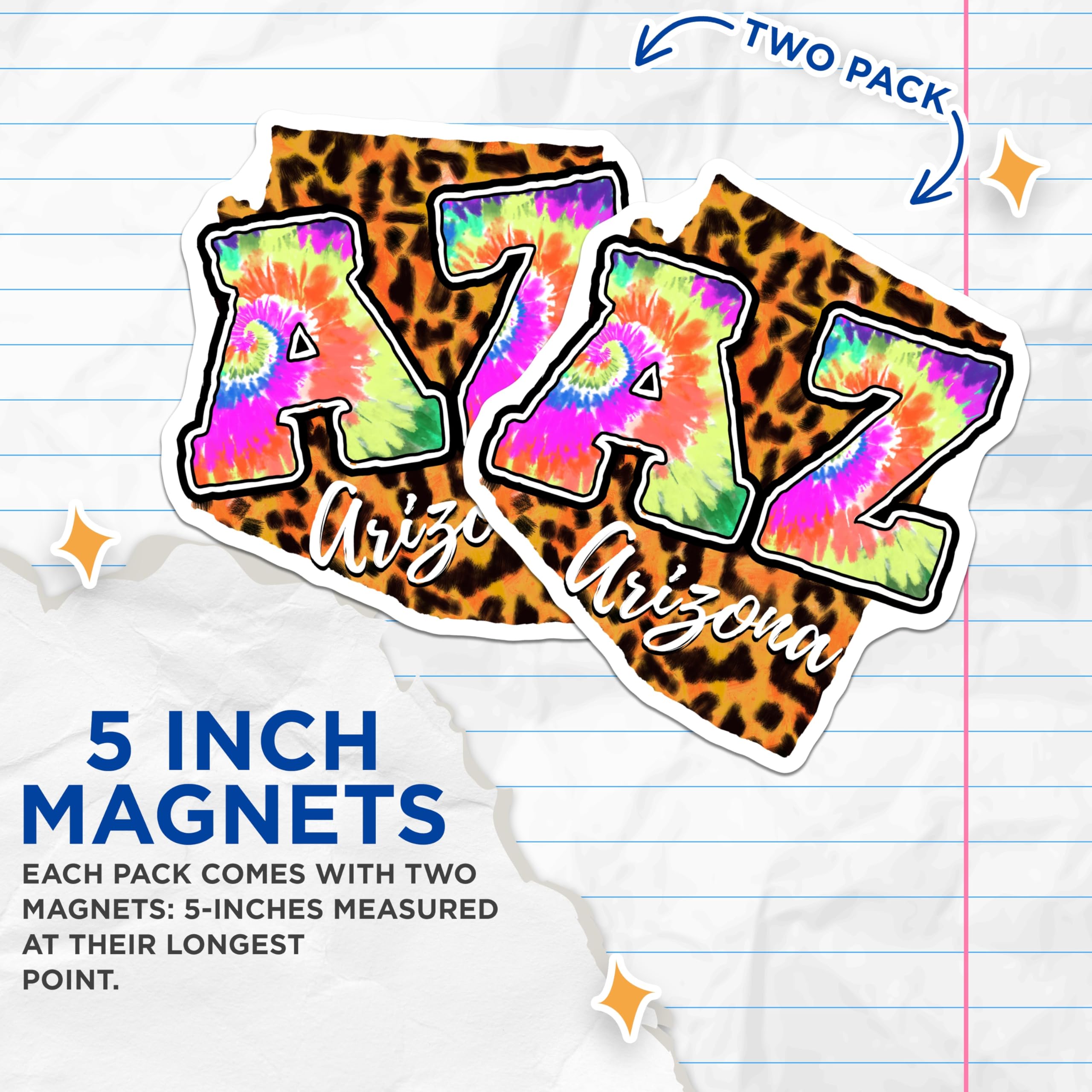 (2 Pack) Arizona Magnets - Tie Dye Design Magnets - Leopard State Magnets - 5" On Longest Side - Premium Magnet - for Cars, Refrigerators, Toolboxes, Lockers - Made in USA - MAG17786