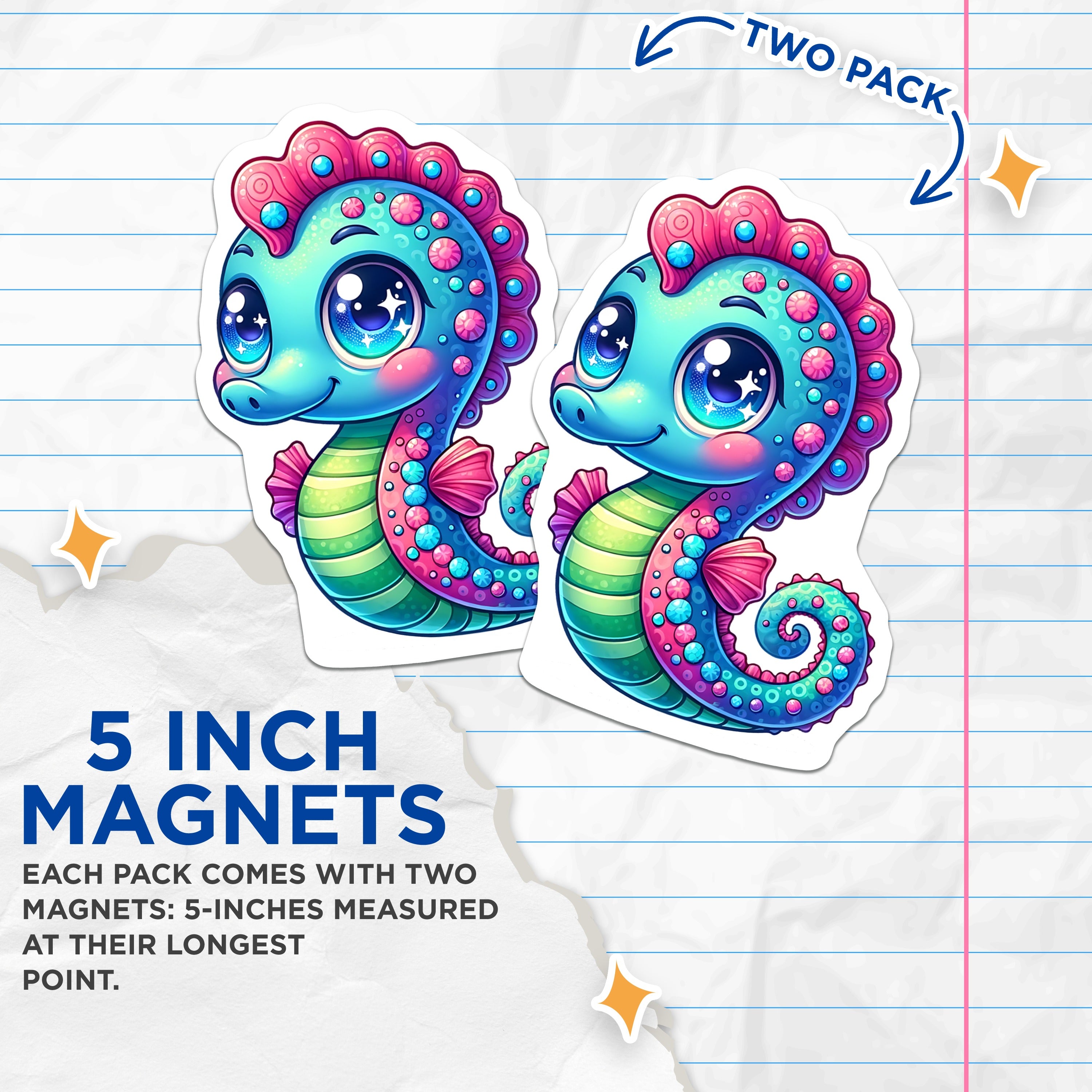(2 Pack) Cute Kawaii Seahorse Magnets - Big Eyes Ocean Creature - Vibrant Fantasy Marine Life Locker Decor - 5 Inches On Longest Side - Thick Durable Magnet - Made in USA - MAG37858