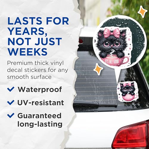 (2 Pack) Cute Cat Stickers - Kawaii Black Cat with Bow - Adorable Cat in Cup Stickers - 5" On Longest Side - Sticks to Smooth Flat Surfaces - Made in USA - BMCS4600