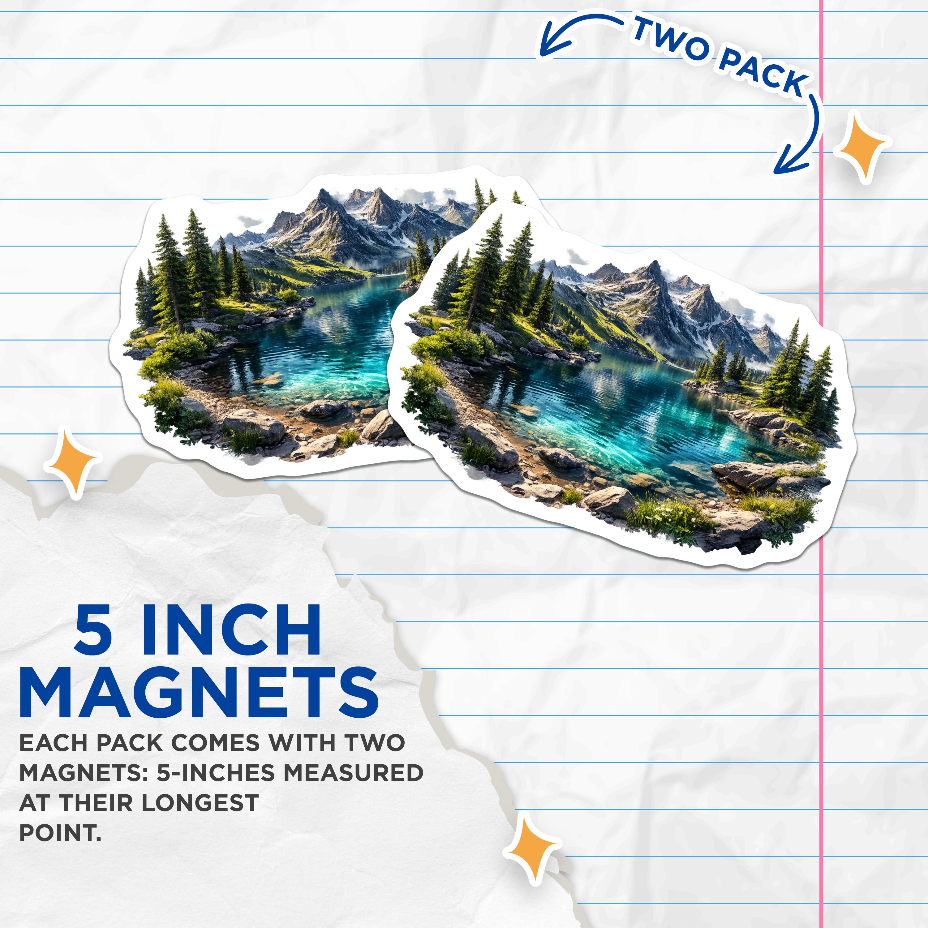 (2 Pack) Mountain Lake Magnets - Scenic Nature Landscape - Alpine Adventure Decor - Clear Water Outdoors Refrigerator Souvenir - 5" - Thick Durable Magnet - Made in USA - MAG39100