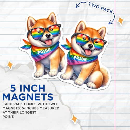 (2 Pack) Cute Dog Pride Magnets - Shiba Inu Magnet - Rainbow Bandana Dog Magnet - Cute Pet Decor Magnets - 5" On Longest Side - for Cars, Fridges, Toolboxes - Made in USA - MAG6865