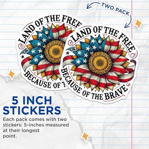 (2 Pack) Land of The Free Stickers - Patriotic Sunflower Decal - American Pride - 5" On Longest Side - Sticks to Smooth Flat Surfaces - Made in USA - BMCS7865