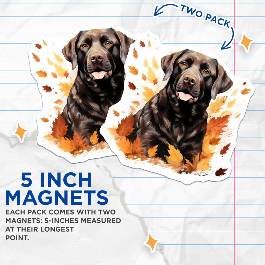 (2 Pack) Chocolate Labrador Magnets - Fall Leaves Dog Art - Pet Lover Fridge Decor Animal Theme - 5 Inches On Longest Side - Thick Durable Magnet - Made in USA - MAG26431