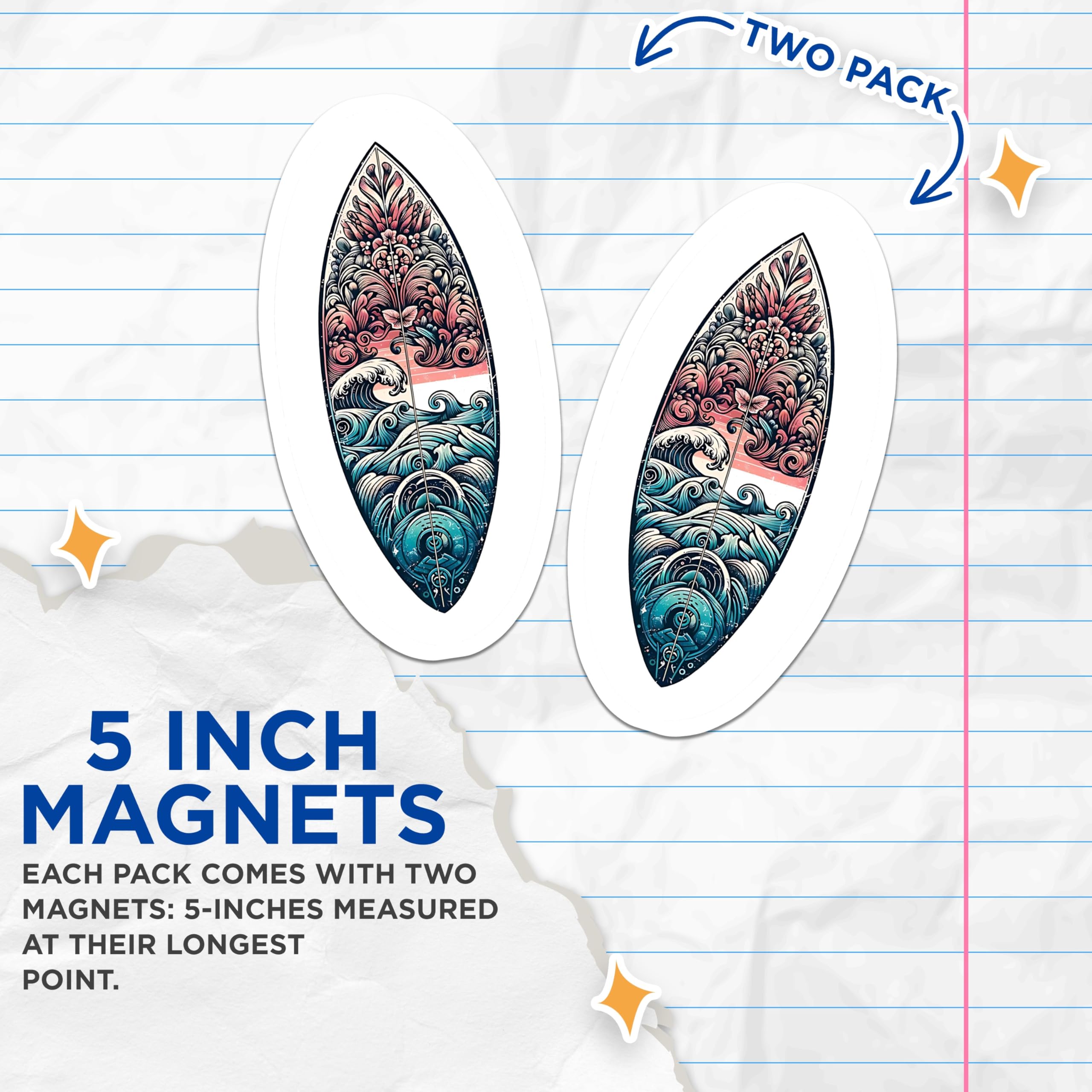 (2 Pack) Surfboard Art Magnets - Ocean Wave Design - Decorative Fridge Magnets - 5" On Longest Side - Premium Magnet - for Cars, Refrigerators, Toolboxes, Lockers - Made in USA - MAG14855