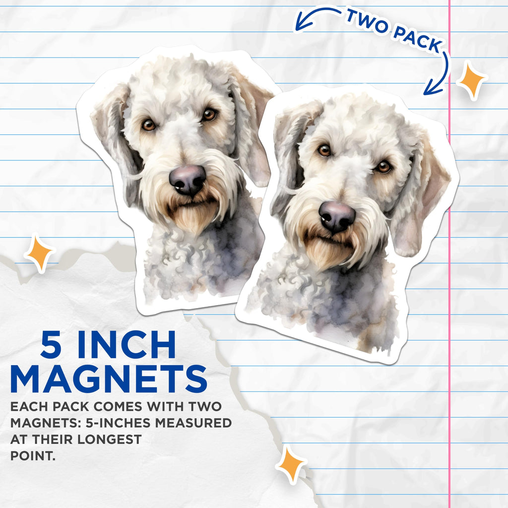 (2 Pack) Bedlington Terrier Magnets - Watercolor Lamb Dog Art - Pet Lover Fridge Decor Animal Head Magnet - 5 Inches On Longest Side - Thick Durable Magnet - Made in USA - MAG24040