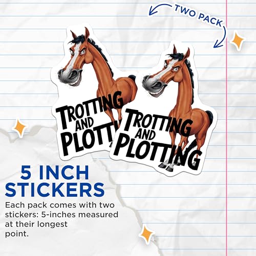 (2 Pack) Funny Horse Stickers - Trotting and Plotting Stickers - Cartoon Horse Stickers for Laptops and Water Bottles - 5" On Longest Side - Sticks to Smooth Flat Surfaces - Made in USA - BMCS4086