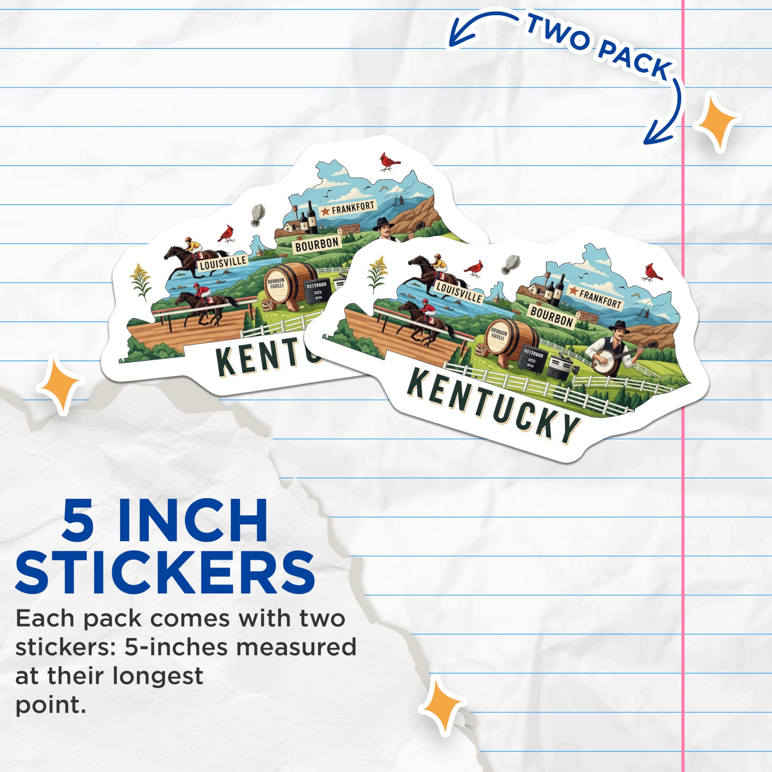 (2 Pack) Kentucky State Stickers - Bourbon Horse Racing - Landmarks Souvenir - 5" On Longest Side - Sticks to Smooth Flat Surfaces - Made in USA - BMCS17969