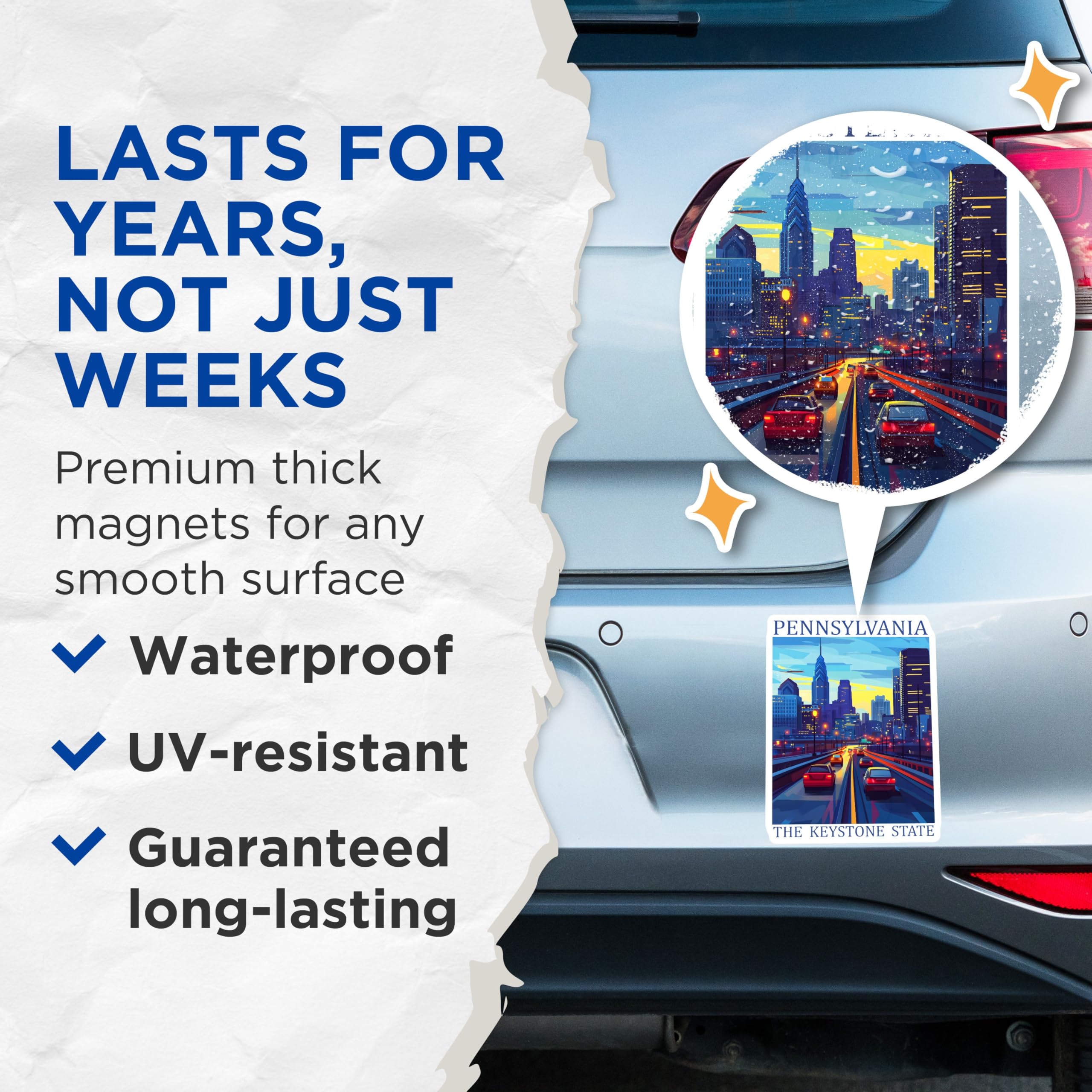 (2 Pack) Pennsylvania State Magnets - Philadelphia Cityscape View Art - Keystone State Travel Poster Decor - 5 Inches On Longest Side - Thick Durable Magnet - Made in USA - MAG19425