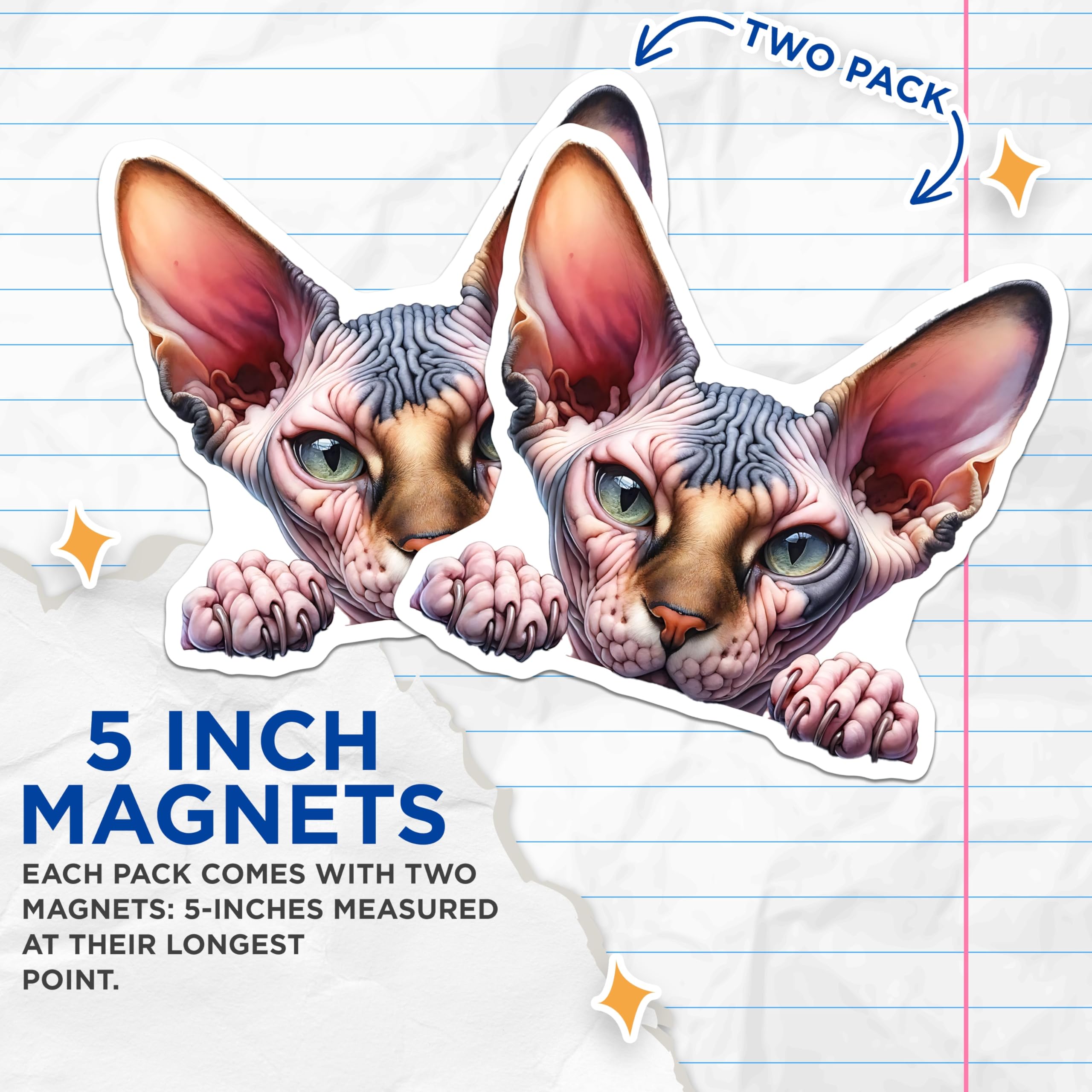 (2 Pack) Sphynx Cat Magnets - Hairless Cat Lover - Unique Refrigerator Magnets - 5" On Longest Side - Premium Magnet - for Cars, Refrigerators, Toolboxes, Lockers - Made in USA - MAG15020