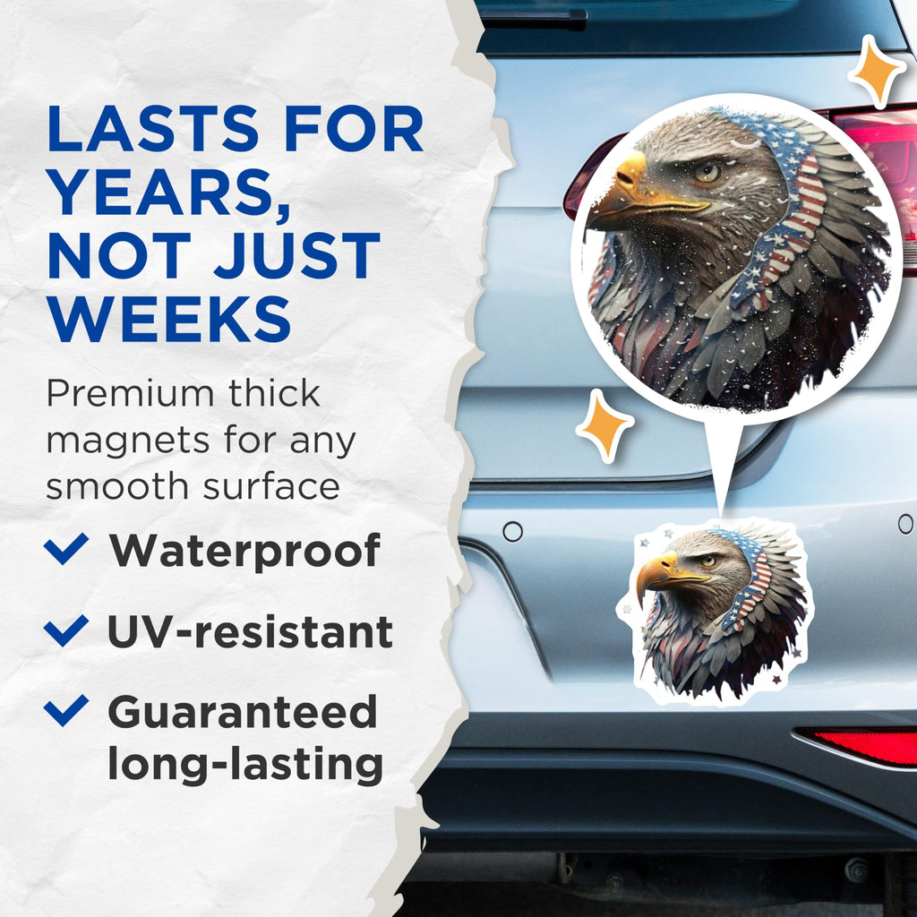 (2 Pack) American Bald Eagle Magnets - Patriotic USA Flag Bird Art - National Symbol Fridge Decoration - Independence Day - 5 Inches On Longest Side - Thick Durable Magnet - Made in USA - MAG22336