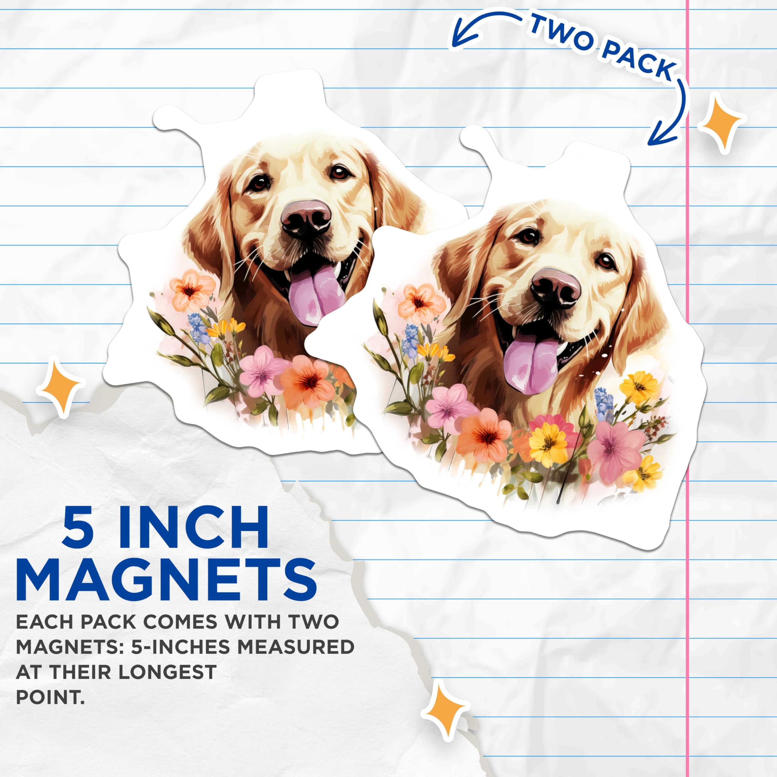 (2 Pack) Golden Retriever Dog Magnets - Happy Floral Canine Artwork - Refrigerator Locker Accent Decor - 5 Inches On Longest Side - Thick Durable Magnet - Made in USA - MAG24659