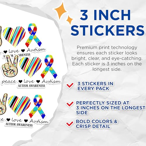 (3 Pack) Autism Awareness Decals - Peace Love Autism - Laptop Decals - 3 Inches On Longest Side - Easy Peel & Apply - Made in USA - 3MCS1640