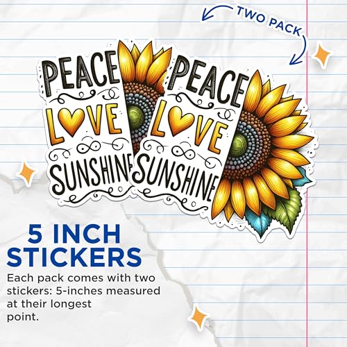 (2 Pack) Peace Love Sunshine Stickers - Inspirational Quote Stickers - Sunflower Design Stickers - 5" On Longest Side - Sticks to Any Smooth Flat Surface - Made in USA - BMCS2905