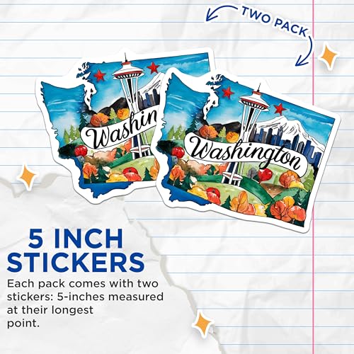 (2 Pack) Washington Travel Stickers - State Souvenir - Seattle Skyline Decals - 5" On Longest Side - Sticks to Smooth Flat Surfaces - Made in USA - BMCS6278