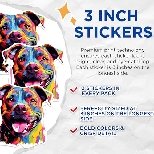 (3 Pack) Colorful Pitbull Decals - Dog Breed Art - Laptop Decal - Cute Dog Decal - 3 Inches On Longest Side - Easy Peel & Apply - Made in USA - 3MCS0836