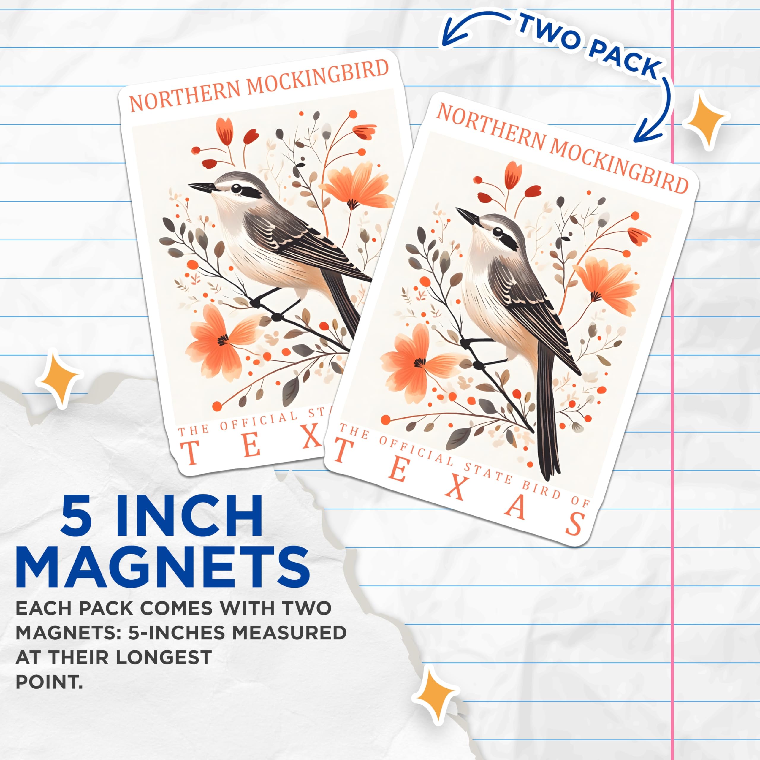 (2 Pack) Mockingbird Magnets - Texas State Bird - Bird Lover Decor - 5" On Longest Side - Premium Magnet - for Cars, Refrigerators, Toolboxes, Lockers - Made in USA - MAG17708