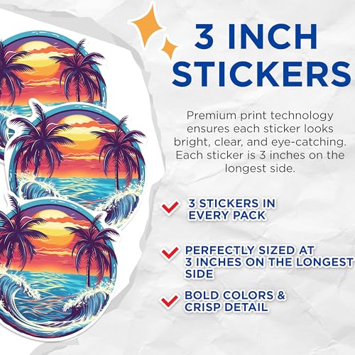 (3 Pack) Tropical Beach Decals - Palm Tree Laptop Decal - Ocean Sunset Decal - 3 Inches On Longest Side - Easy Peel & Apply - Made in USA - 3MCS0977