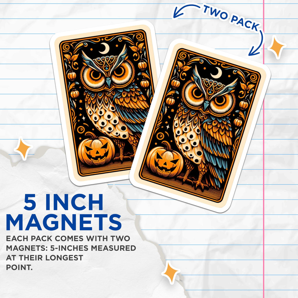 (2 Pack) Halloween Owl Magnets - Mystical Spooky Night Decor - Jack O Lantern Autumn Scene - 5 Inches On Longest Side - Thick Durable Magnet - Made in USA - MAG20487