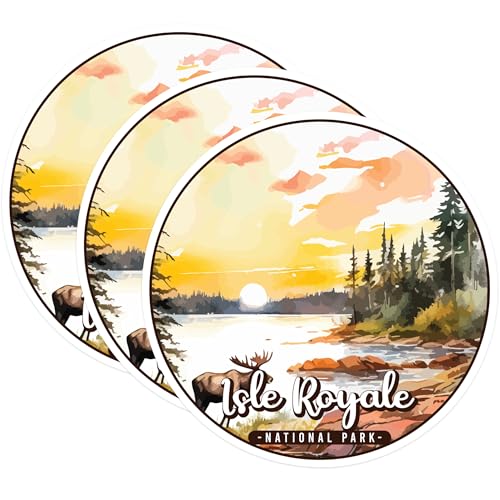 (3 Pack) Isle Royale Decals - National Park Stickers - Lake Sunset Decal - 3 Inches On Longest Side - Easy Peel & Apply - Made in USA - 3MCS0472