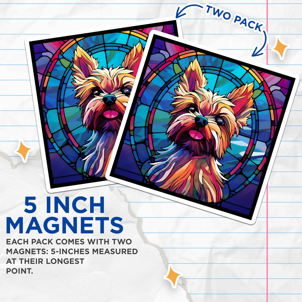 (2 Pack) Yorkshire Terrier Magnets - Stained Glass Dog - Unique Fridge Home Decor - 5" On Longest Side - Premium Magnet - for Cars, Refrigerators, Toolboxes, Lockers - Made in USA - MAG14697