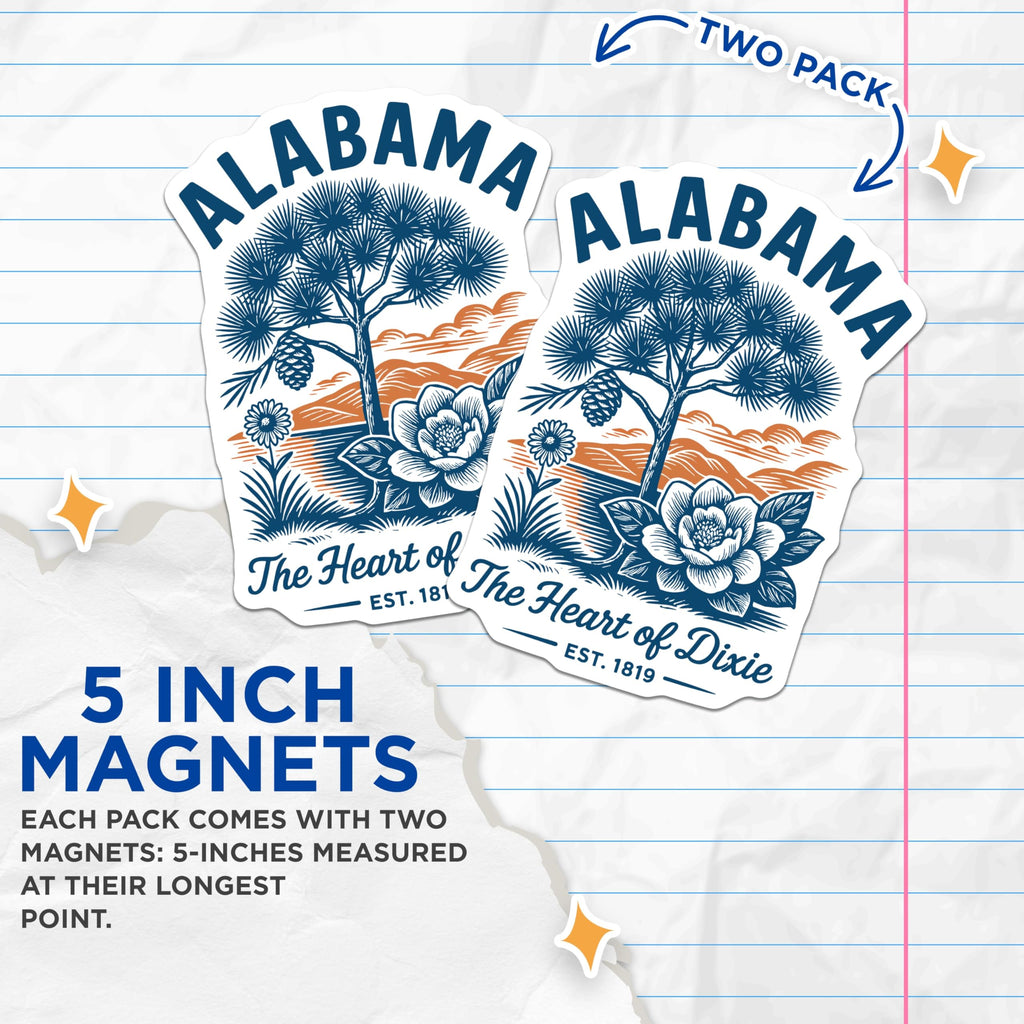 (2 Pack) Alabama Magnets - Heart of Dixie Decor - State Flower Magnolia - 5" On Longest Side - Premium Magnet - for Cars, Refrigerators, Toolboxes, Lockers - Made in USA - MAG18777