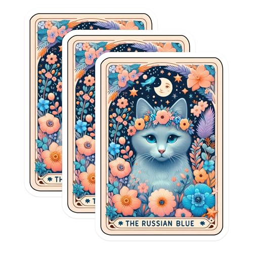 (3 Pack) Russian Blue Decals - Floral Cat Decal - Aesthetic Laptop Decals - 3 Inches On Longest Side - Easy Peel & Apply - Made in USA - 3MCS4053
