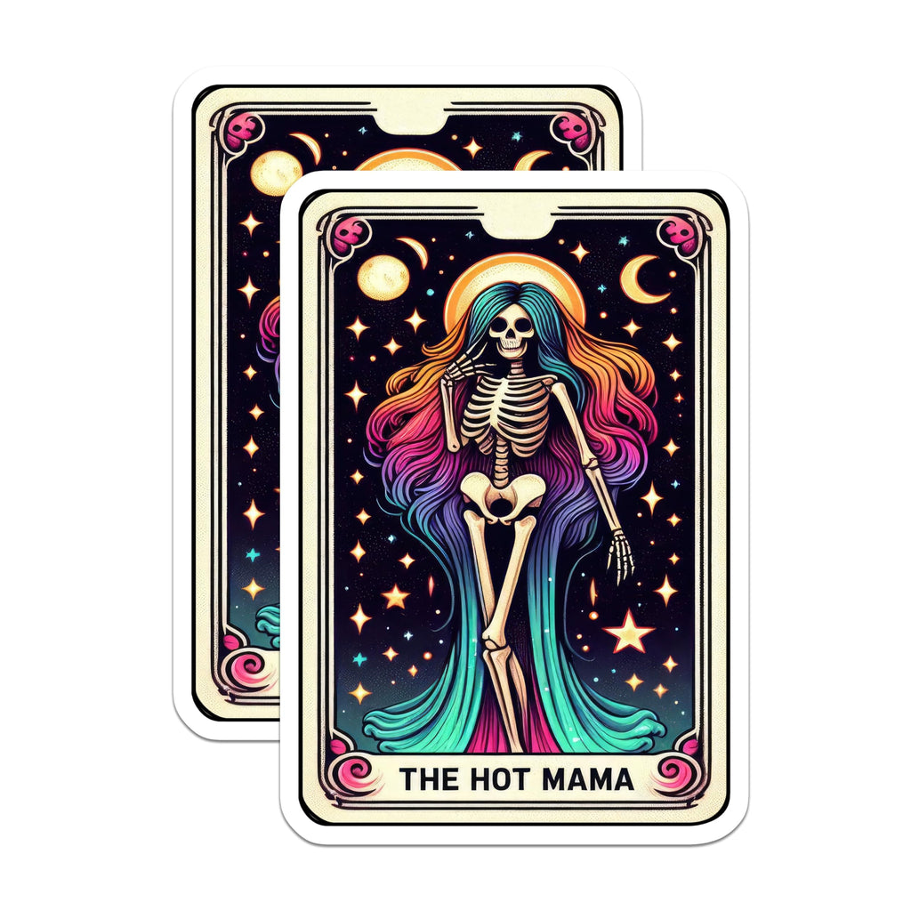 (2 Pack) Hot Mama Skeleton Magnets - Rainbow Hair Tarot Card - Celestial Witchy Mom Decor - 5 Inches On Longest Side - Thick Durable Magnet - Made in USA - MAG27225