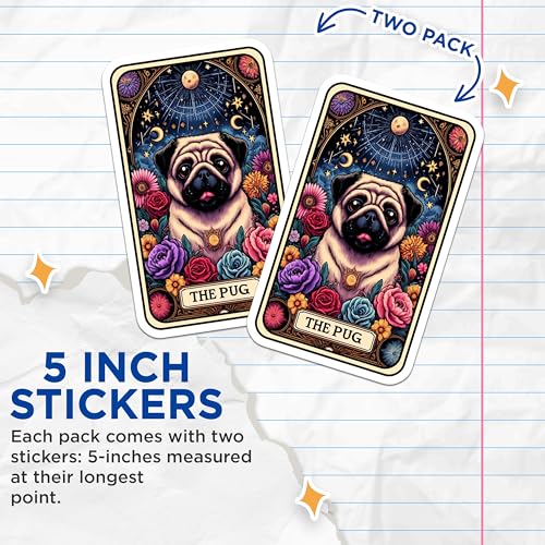 (2 Pack) The Pug Stickers - Cute Dog Art Stickers - Floral Animal Stickers - 5" On Longest Side - Sticks to Smooth Flat Surfaces - Made in USA - BMCS5276
