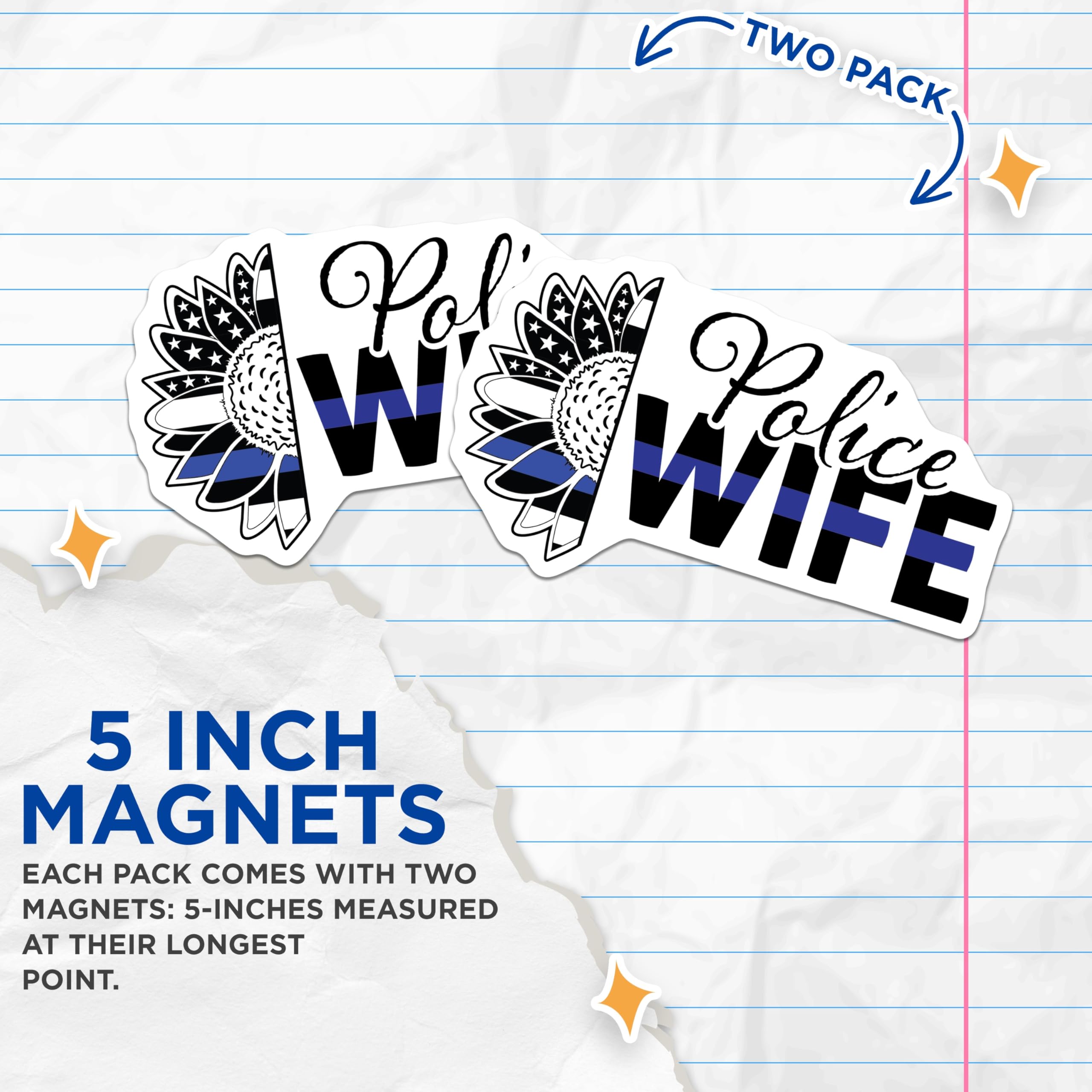 (2 Pack) Police Wife Magnets - Thin Blue Line Support - Sunflower Law Enforcement Spouse - 5 Inches On Longest Side - Thick Durable Magnet - Made in USA - MAG21430