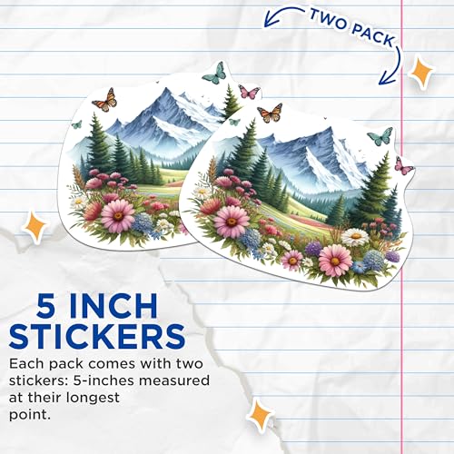 (2 Packs) Mountains Flowers Butterflies Stickers - Beautiful Scenery Outdoorsman Decals - 5 Inches On Longest Side - Premium Vinyl Decal - Sticks to Any Smooth Flat Surface - Made in USA - BMCS2294