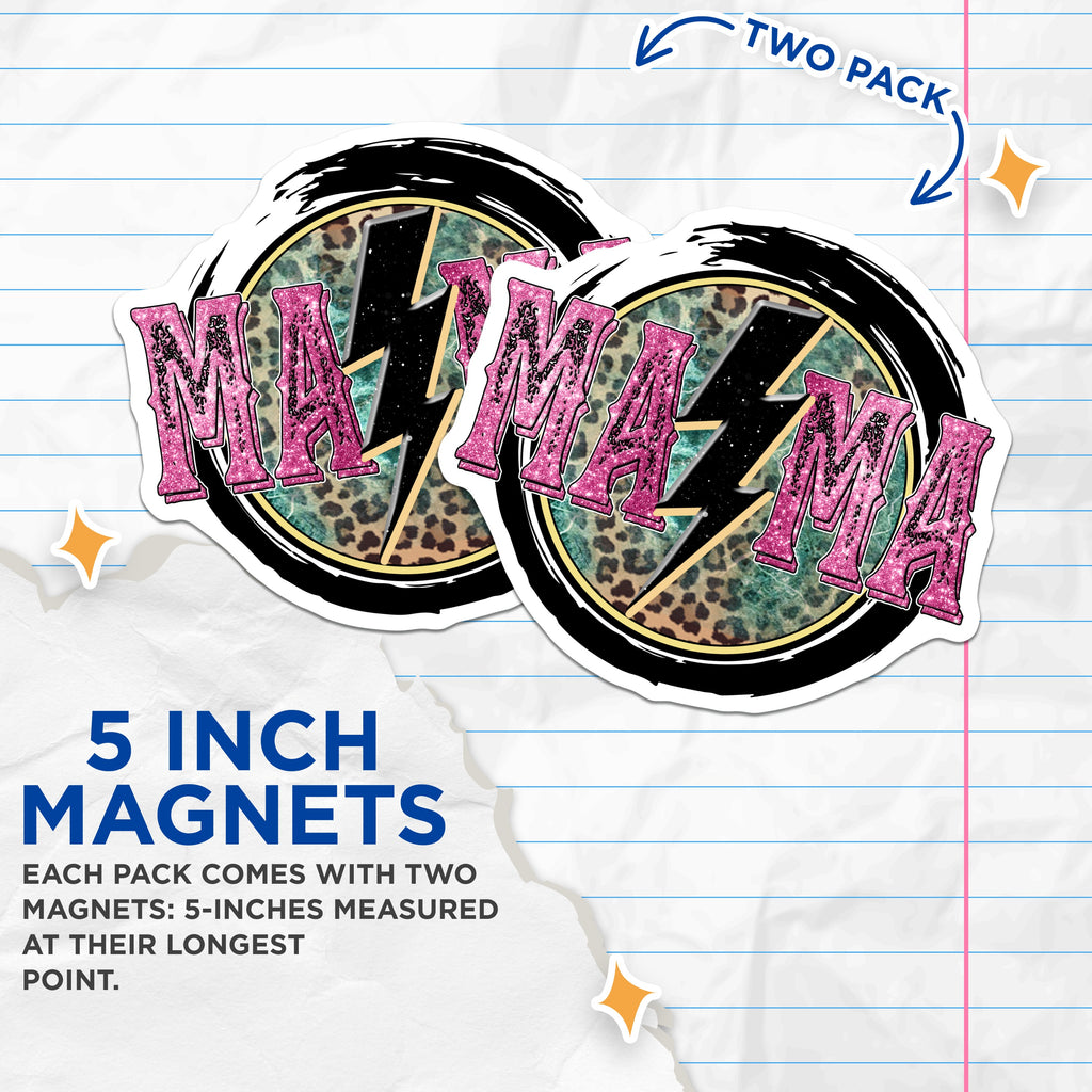 (2 Pack) Trendy Mama Magnets - Leopard Print Design - Lightning Bolt - Rocker Mom Aesthetic - Motherhood Accessory - 5 Inches On Longest Side - Thick Durable Magnet - Made in USA - MAG36275