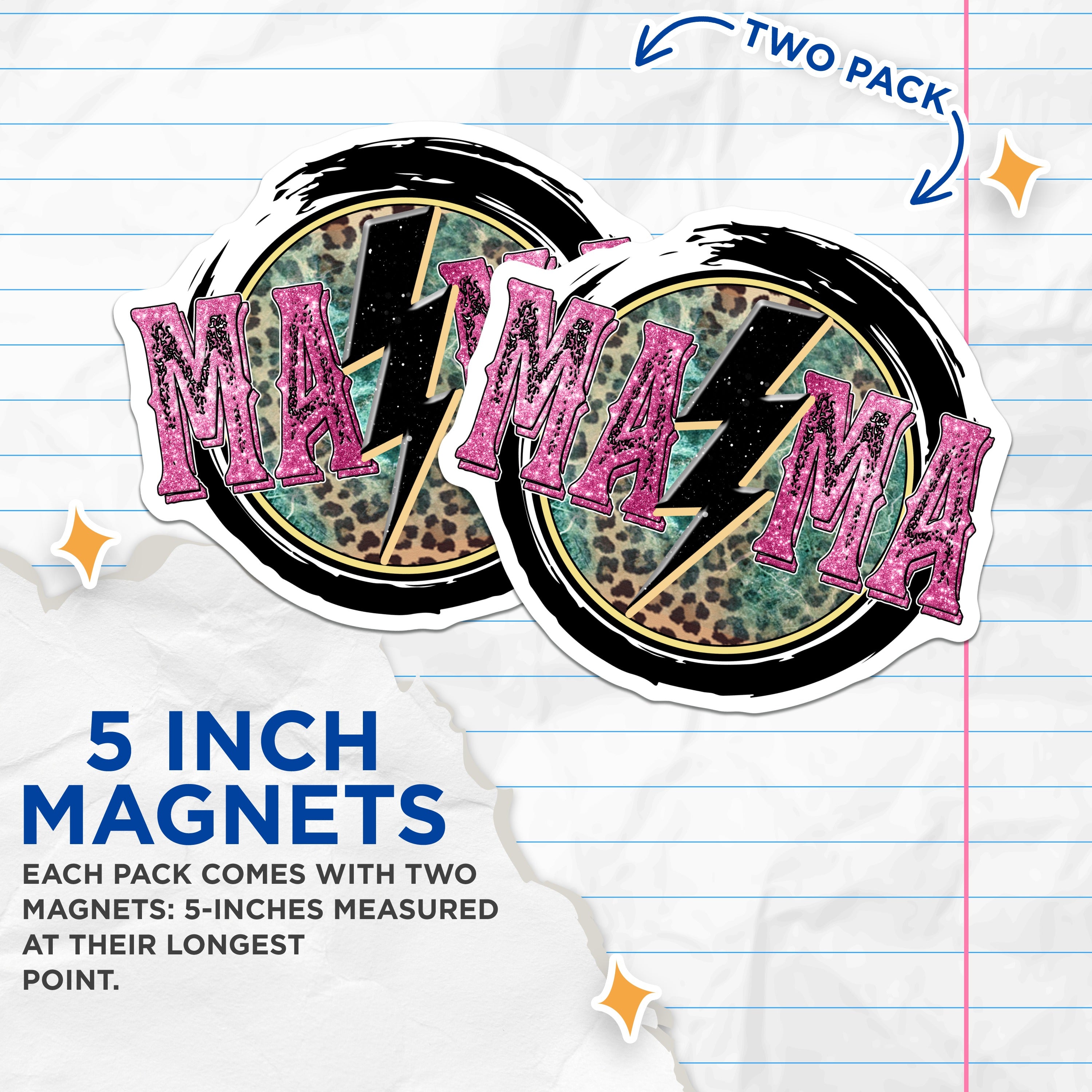 (2 Pack) Trendy Mama Magnets - Leopard Print Design - Lightning Bolt - Rocker Mom Aesthetic - Motherhood Accessory - 5 Inches On Longest Side - Thick Durable Magnet - Made in USA - MAG36275