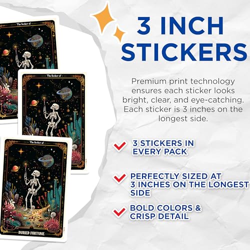 (3 Pack) Skeleton Fortune Decals - Tarot Card Inspired - Laptop Decor - 3 Inches On Longest Side - Easy Peel & Apply - Made in USA - 3MCS0021