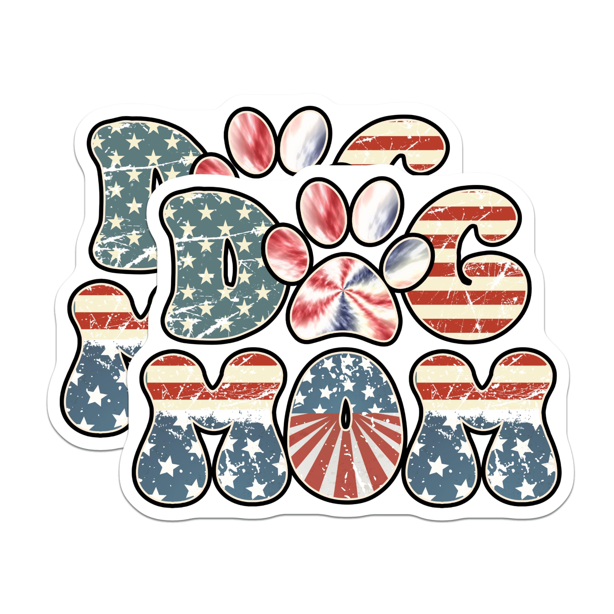 (2 Pack) Dog Mom Stickers - Patriotic Dog Lover - Cute Pet Owner Decal - 5" On Longest Side - Sticks to Smooth Flat Surfaces - Made in USA - BMCS8664 - Animal Paw Print - American Flag Design