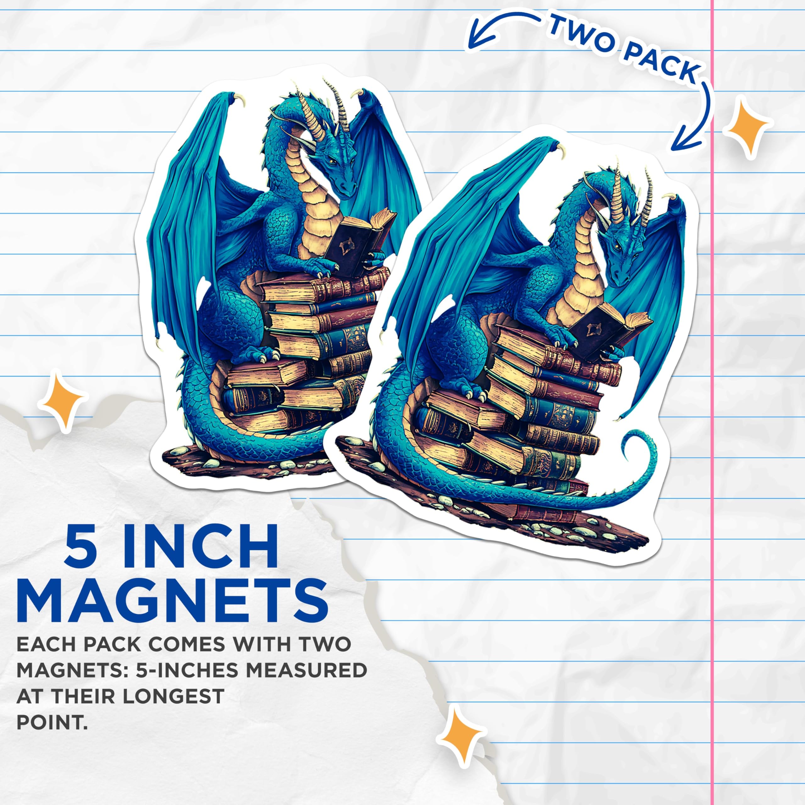 (2 Pack) Dragon Reading Books Magnets - Fantasy Dragon Art - Mythical Creature Decorative - 5" On Longest Side - for Cars, Refrigerators, Toolboxes, Lockers - Made in USA BMCS3367