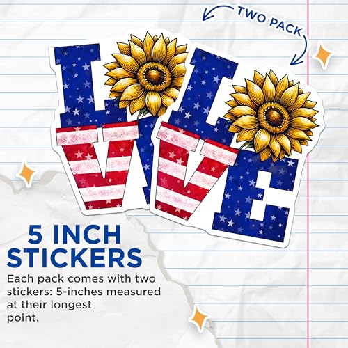 (2 Pack) Love Sunflower Stickers - American Flag Sunflower Decals - USA Patriotic Star - 5" On Longest Side - Sticks to Smooth Flat Surfaces - Made in USA - BMCS7871