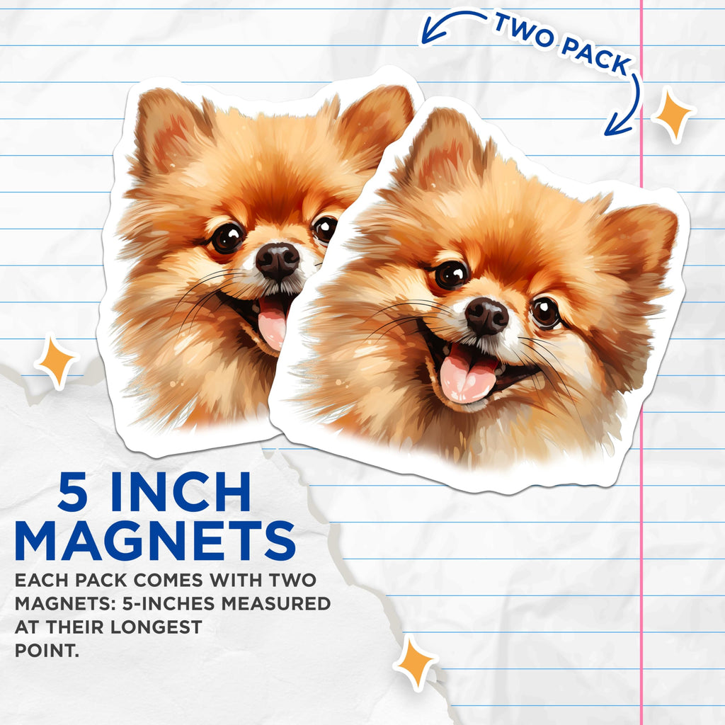 (2 Pack) Pomeranian Dog Magnets - Smiling Pomeranian Art - Fluffy Pet Lover Decor - Adorable Canine Items - 5 Inches On Longest Side - Thick Durable Magnet - Made in USA - MAG24011