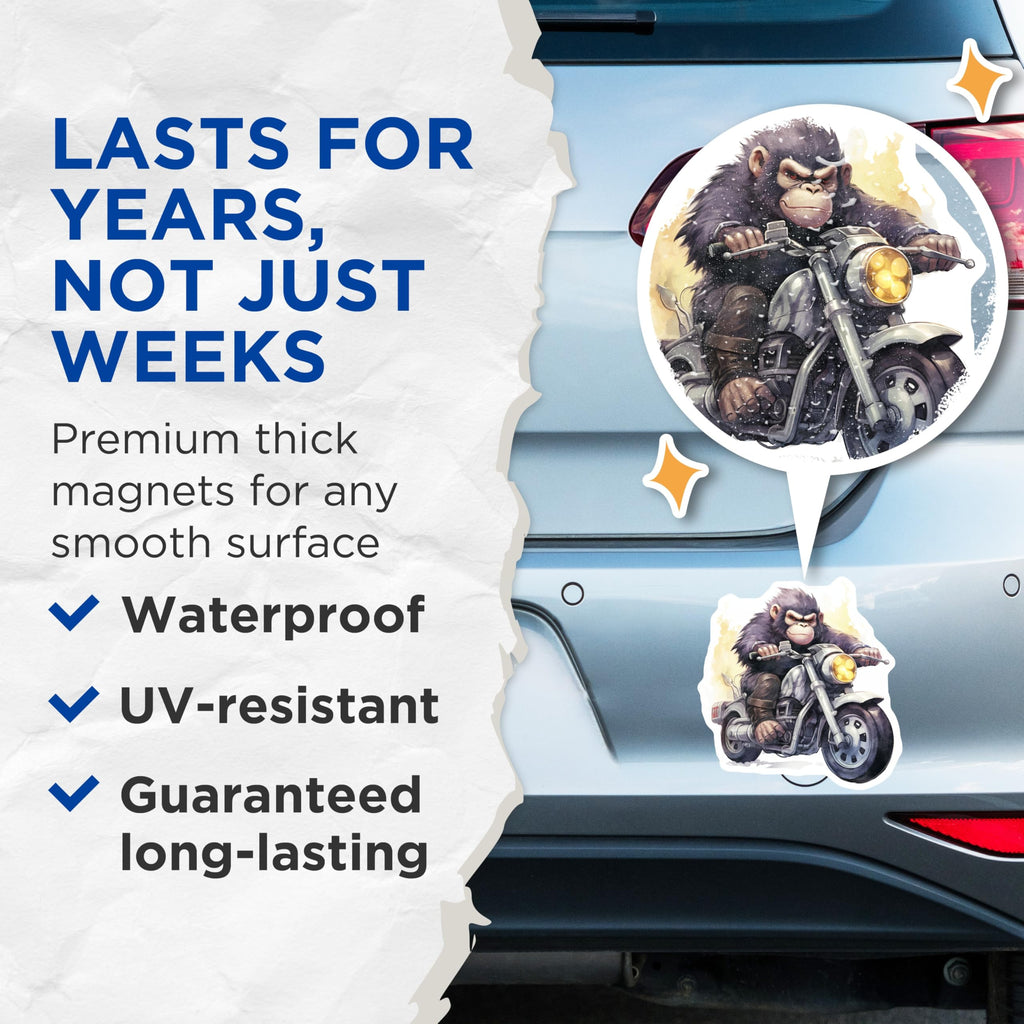 (2 Pack) Biker Monkey Magnets - Motorcycle Riding Ape Art - Novelty Fridge Decorations - 5" On Longest Side - Premium Magnet - for Cars, Refrigerators, Toolboxes, Lockers - Made in USA - MAG16948